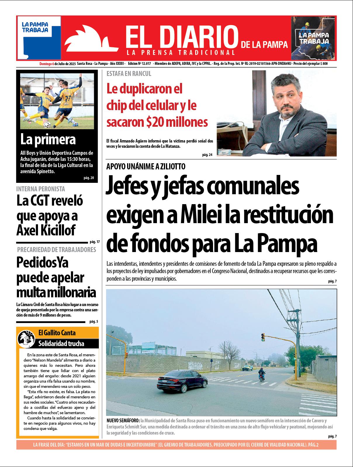 Tapa de El Diario en papel  domingo 06 de julio de 2025